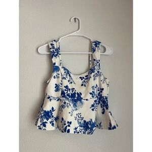 Maeve‎ Floral Peplum Tank Top Sleeveless Blue White Cottagecore Size XXS